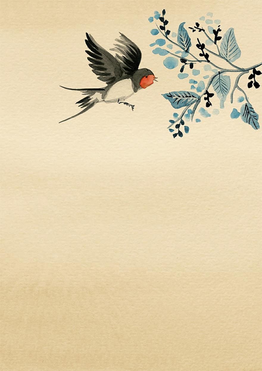 baggrund, papir, asiatisk, blomst, fugl, flyvende, pergament, side, scrapbog, akvarel, Rose