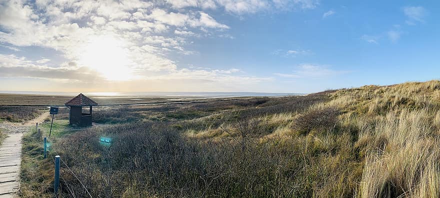 gün batımı, kum tepecikleri, Kuzey Denizi, Wadden Sea