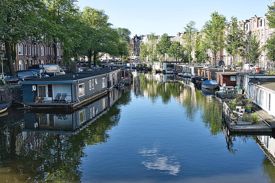 Amsterdam, kanał, Miasto, łódź mieszkalna, łodzie, nadbrzeże, arteria wodna, miejski, Holandia, woda