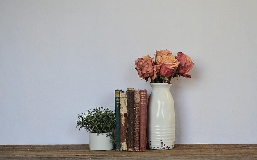 apdaila, vaza, knygos, rožės, gėlės, augalų, pobūdį