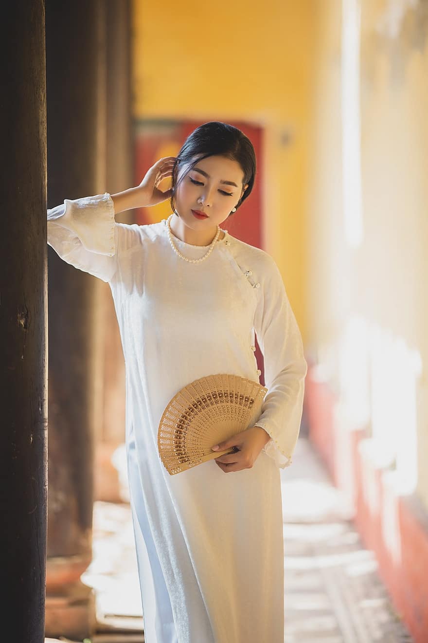 ao dai, moda, mulher, vietnamita, White Ao Dai, Vestido Nacional do Vietnã, tradicional, vestir, beleza, lindo, bonita