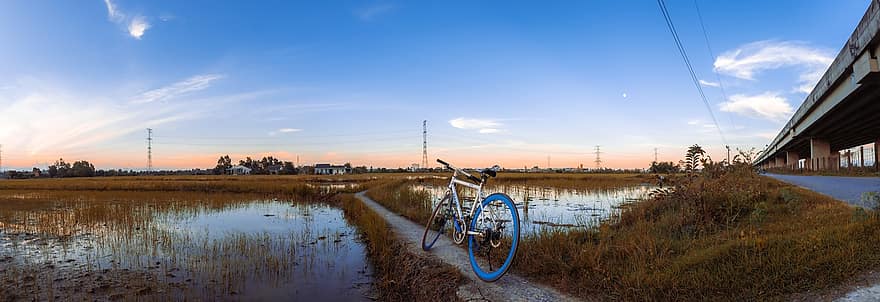 vélo, en plein air, le coucher du soleil, crépuscule, bicyclette, ciel, des nuages, champ, route, Autoroute, cyclisme