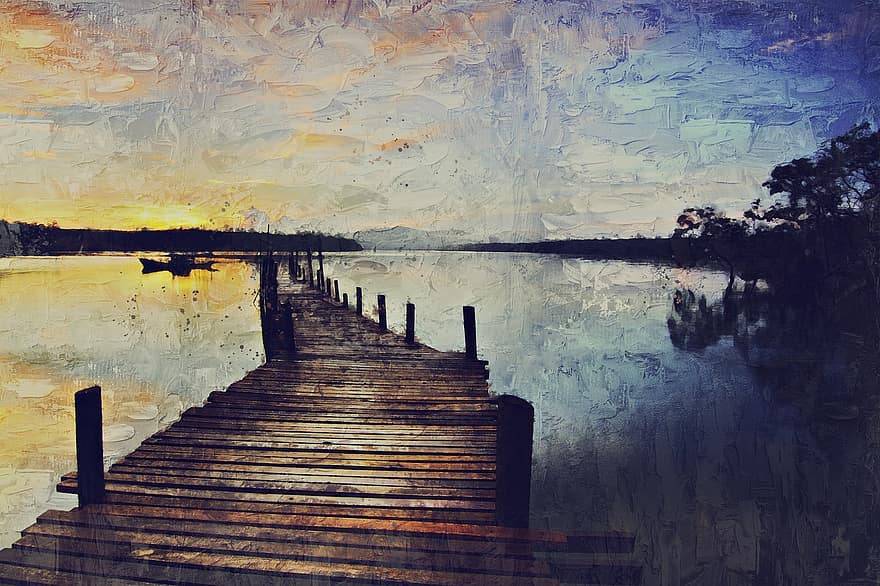 Gang Plank, Wooden, Pier, Lake, Water, Landscape, Sunset, Outdoor, Boat, Digital Oil Paint, Digital Manipulation