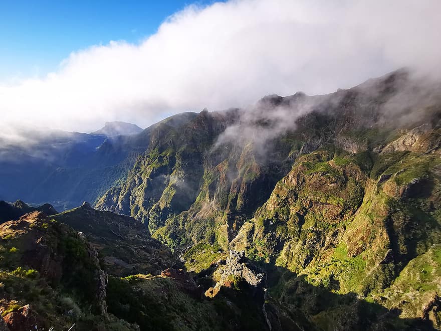 vuoret, luonto, vaellus, matkustaa, tutkiminen, Madeira, vuori, vuorenhuippu, maisema, vihreä väri, pilvi
