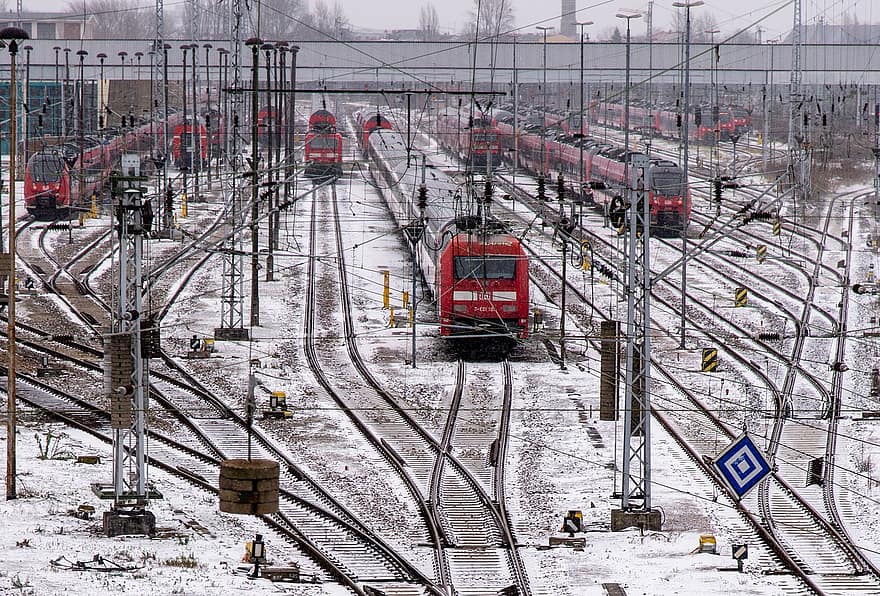 влакове, заглавие, сняг, gleise, разпределителна площадка, железопътна линия, железопътни линии, трафик, град, зима, железопътния трафик