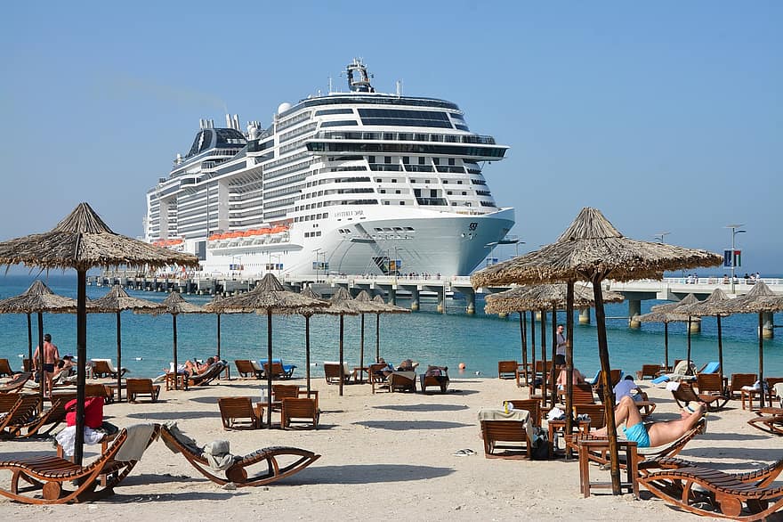 Cruise Ship, Beach, Resort, Ship, Water Vessel, Vacation, Holiday, Coast, Port, Beach Umbrella, Sun-bathing