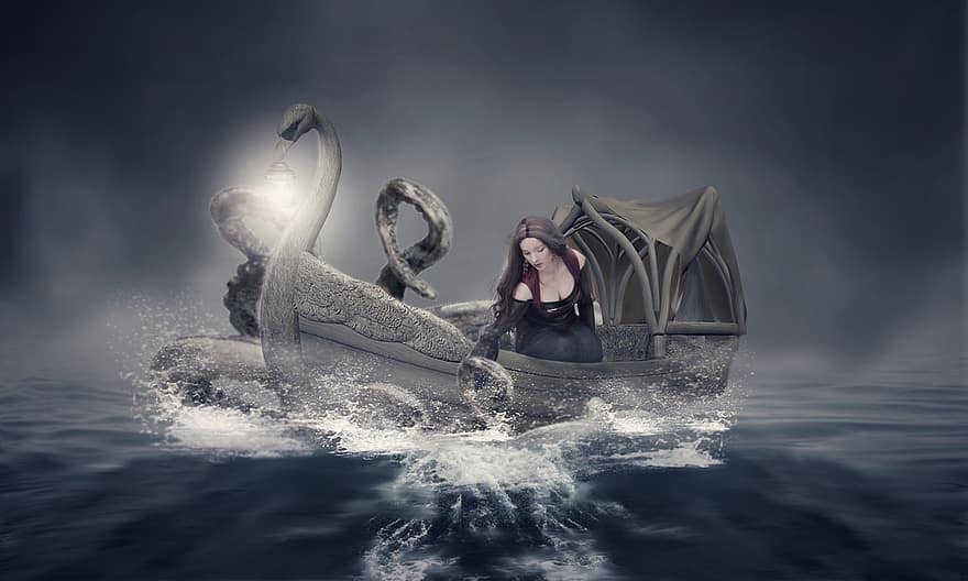 pige, båd, uhyre, kæmpe, fantasi, blæksprutte, hav, ocean, mystisk, nat, rædsel