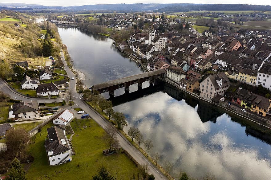 rzeka, most, miasto, wioska, widok, pejzaż miejski, domy, dzielnica, Struktury, Niemcy, architektura