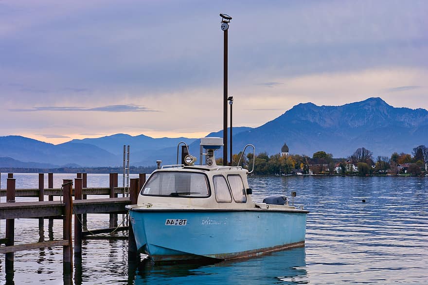 Lake, Jetty, Boat, Powerboat, Motorboat, Pier, Dock, Water, Mountains, Chiemsee, Upper Bavaria