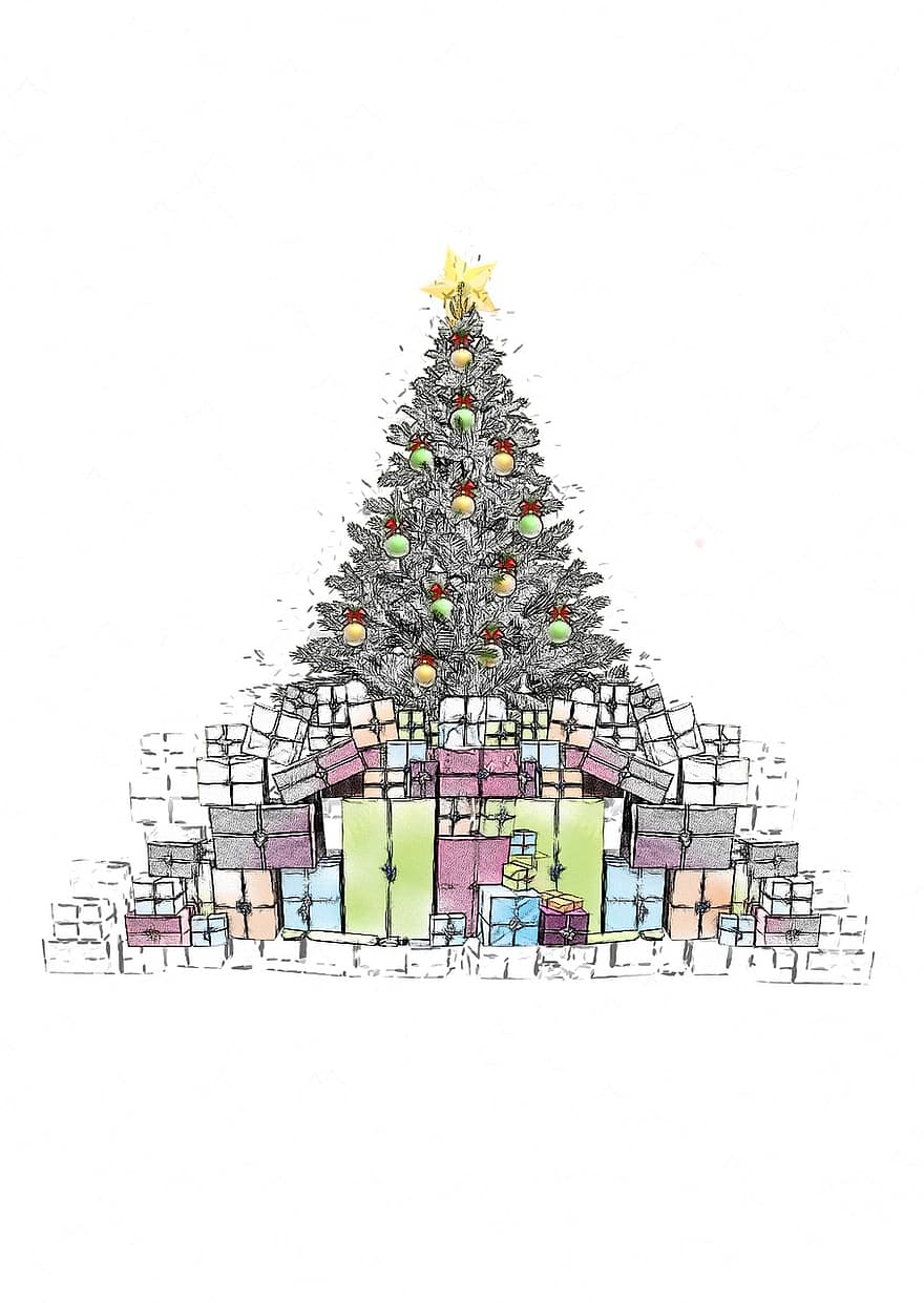 Noël, cadeaux, esquisser, crayon, salutation, carte de voeux, carte de Noël, avènement, arbre