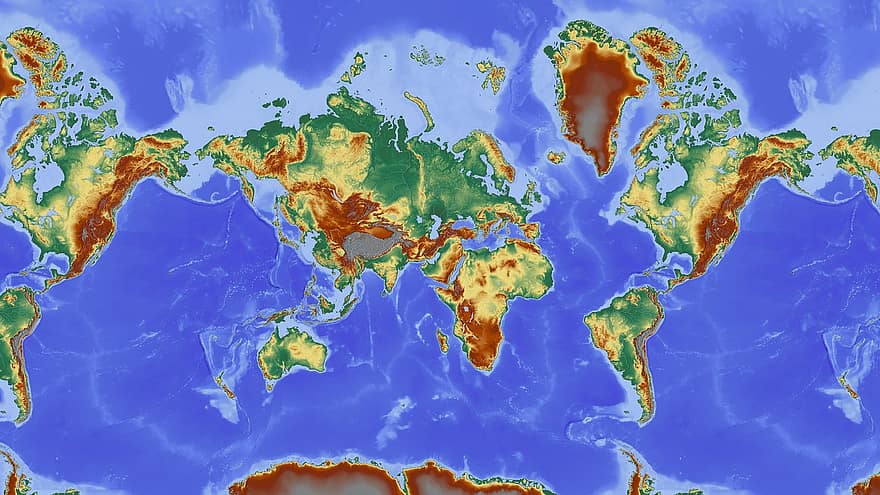 خريطة العالم ، خريطة ، خريطة الإغاثة ، أرض ، بلد ، دول الأرض ، دول العالم ، واضح التجسيم ، ارتياح ، القارات ، ملف تحديد الارتفاع