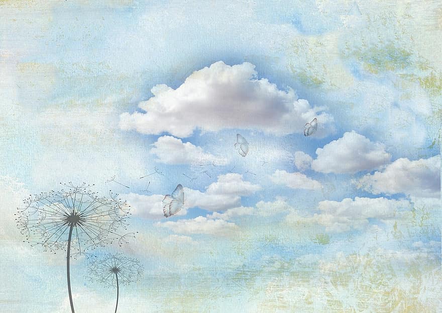 Schmetterlinge, Löwenzahn, Wolken, Textur, Schreibwaren, Jahrgang, Hintergrund, Hintergrundbild, zärtlich, schweben, Struktur