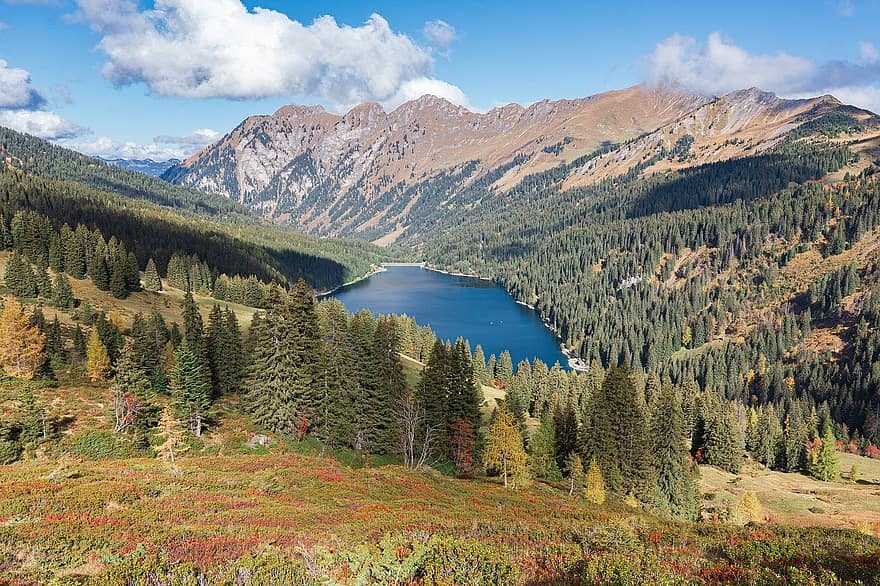 montagne, lago, alberi, foresta, autunno, paesaggio autunnale, panorama, praterie, escursione, Alpi, natura