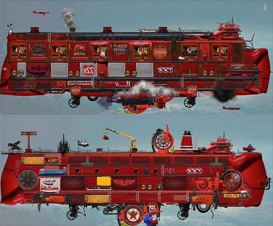 dirigible, Steampunk, fantasía, Dieselpunk, Atompunk, transporte, camion de bomberos, coche, bombero, industria, motor