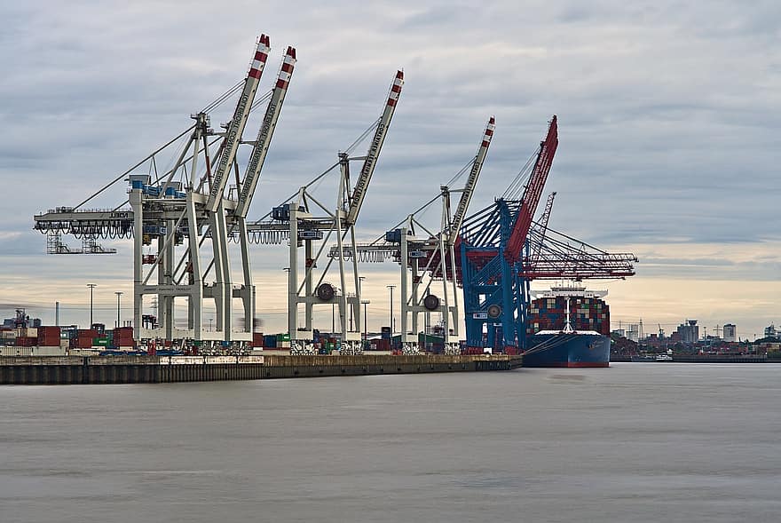 hamn, kranar, fartyg, vatten, containerfartyg, lastfartyg, fraktfartyg, behållare, transport