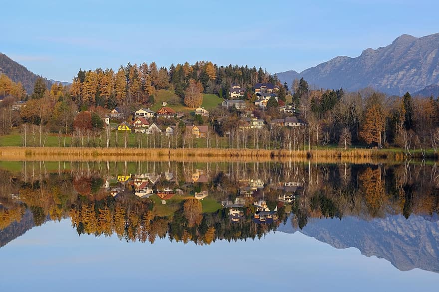 casas, lago, arboles, bosque, montañas, reflexión, al aire libre, reflejo de agua, otoño, naturaleza