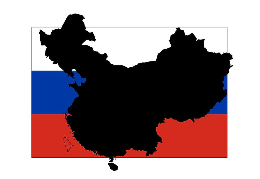 ロシア、中国、地図、旗、赤、アウトライン、国境、中国語