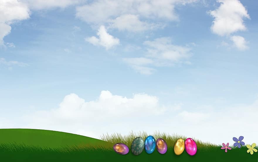 Pasqua, uova di Pasqua, sfondo, prato, colore, colorato, fiori, erba, cielo, nuvole