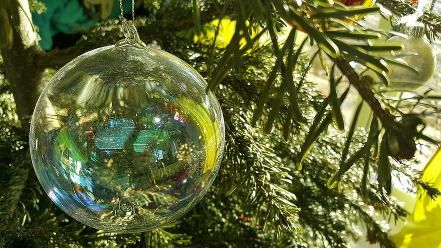 Weihnachten, Glaskugel, Schmuck, Ball, glänzend, Ornament, Baum, festlich, schimmern, transparent, Nadeln