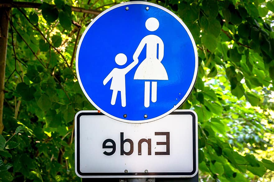 Road Sign, Mother, Child, Attention, Street Sign, Note, Directory, Shield, Blue, White, Green