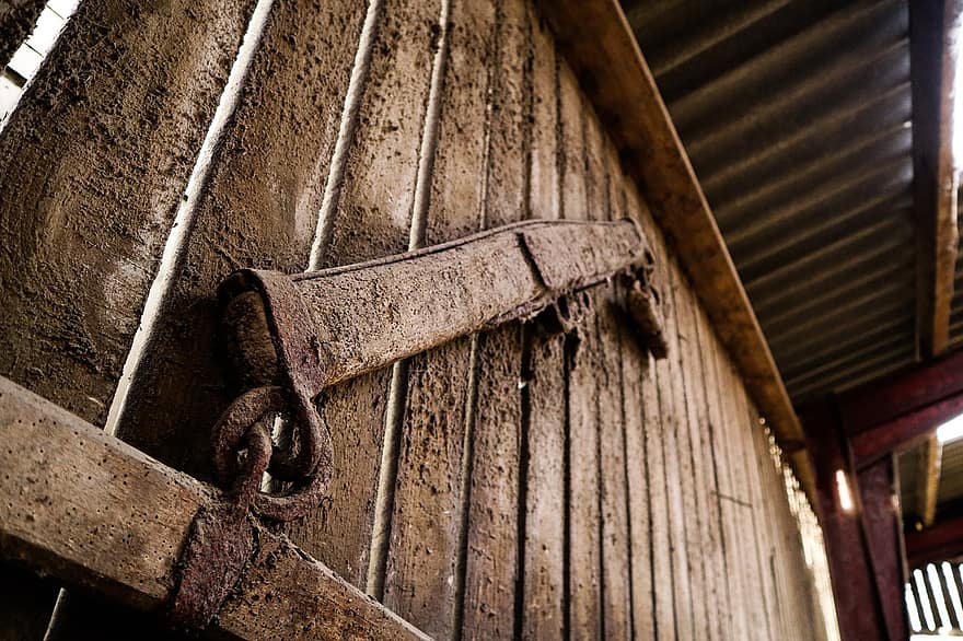 deur-, poort, roestig, farm, boom, oud, verlaten, metaal, hout, detailopname, staal
