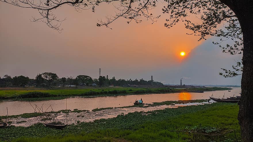 puesta de sol, naturaleza, amanecer, bangladesh, río, puesta del sol del río, Narsingdi, Dom, noche, belleza natural de bangladesh, cielo Rojo