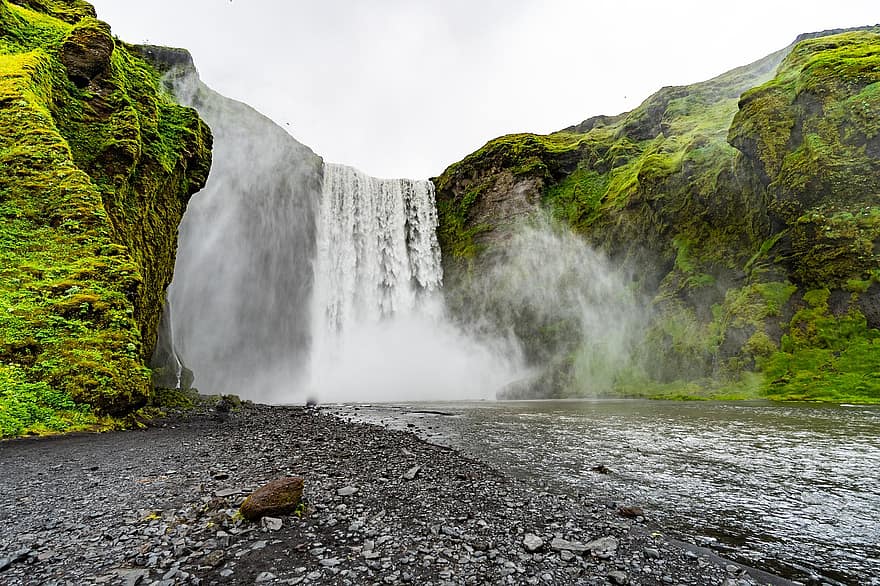 vízesés, folyó, természet, szikla, víz, loccsanás, köd, tájkép, Izland, hegy, nyári