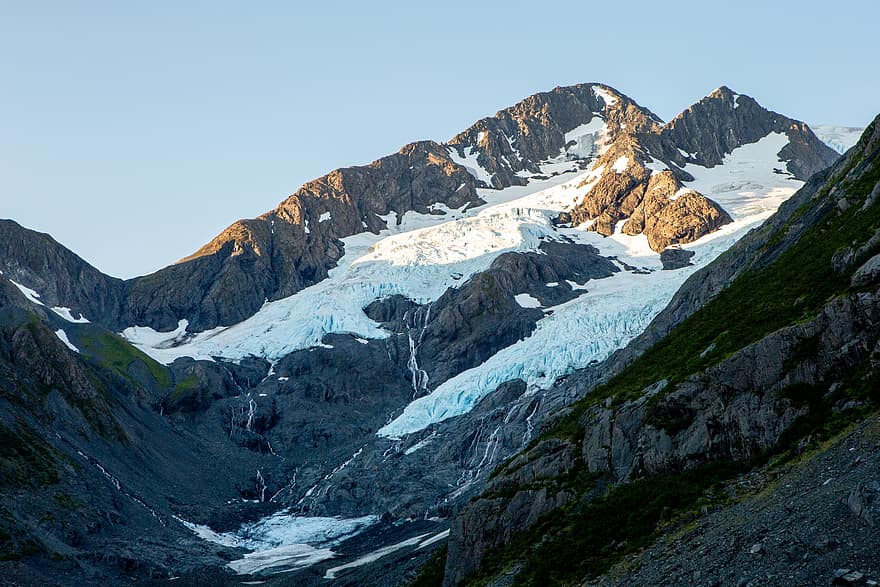 gletscher, bjerg, landskab, sne, alaska, stenet, terræn, is, vinter, udendørs, naturskøn