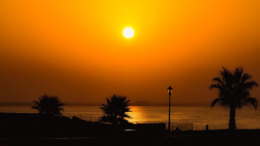 puesta de sol, silueta, playa, costa, Dom, luz del sol, cielo naranja, punto de referencia, destino, recurso, ayia napa