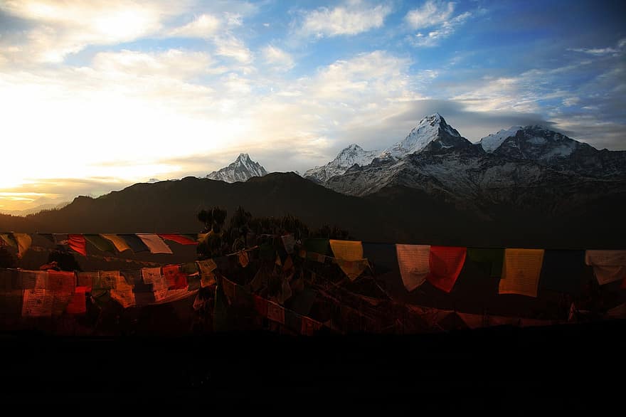 poon hill, svítání, Nepál, hory, krajina, hora, horský vrchol, západ slunce, pohoří, náboženství, sníh