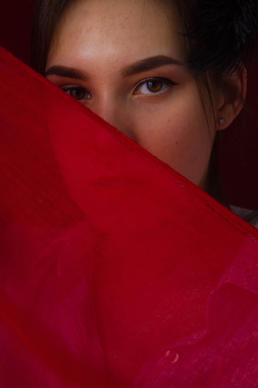 ritratto, donna, misterioso, sciarpa rossa, modello, bellezza, bellissimo, caucasico, ragazza