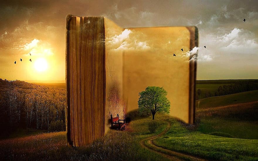 本、古い、雲、木、鳥、バンク、ラッシュ、風景、中古、古本、読む