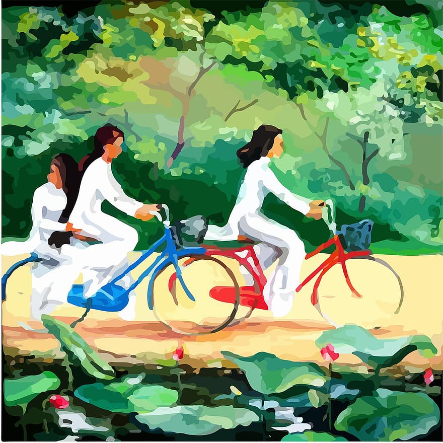 pintura, Lowpoly Art, color, bellesa, creatiu, naturalesa, paisatge, bicicleta, ciclisme, homes, dones