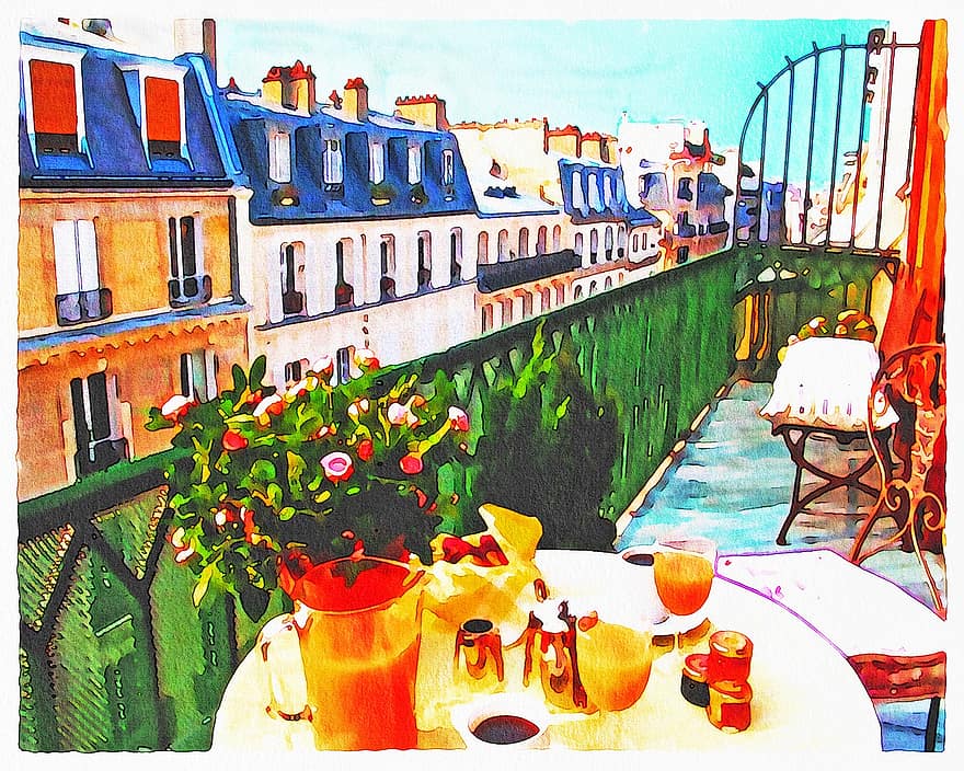 Akvarelis Parīze, Parīzes balkons, Eifeļa tornis, Parīzes arhitektūra, brokastis, vīns, Parīze, ēdiens, horizonts, augiem, ziedi