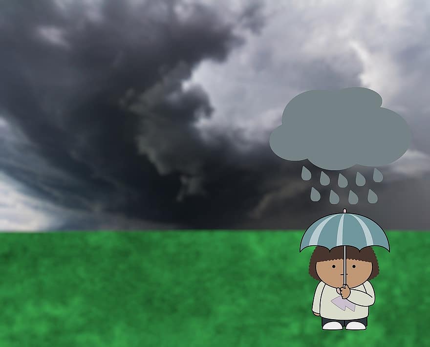 Girl, Umbrella, Storm, Clouds, Rain, Nature, Sky, Weather, Mockup, Copy Space, Background