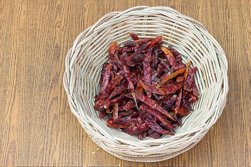 Dried Peppers, Chili Peppers, Flavoring, Seasoning, food, spice, freshness, organic, basket, close-up, vegetable
