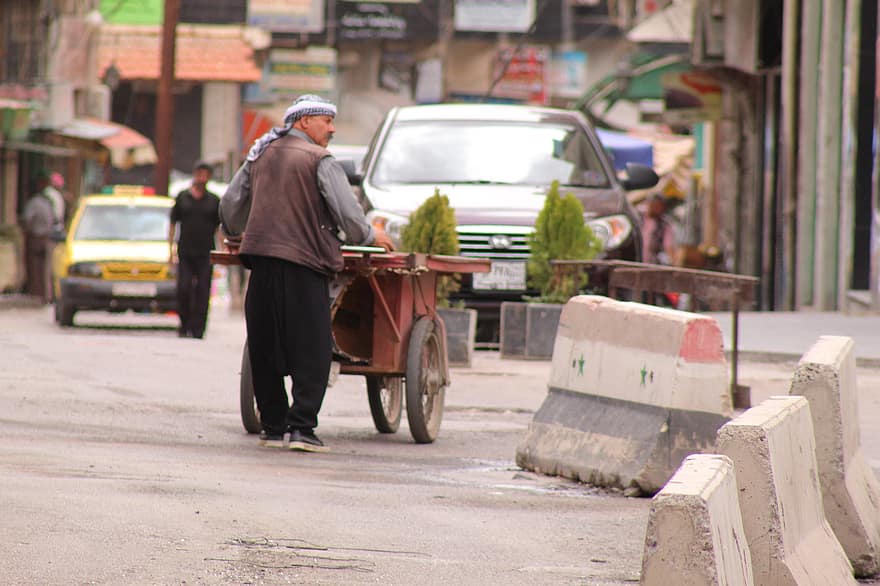 pārdevējs, tirgū, Druzu cilvēks, Sīrijas karogs, druze, tradicionālās drēbes