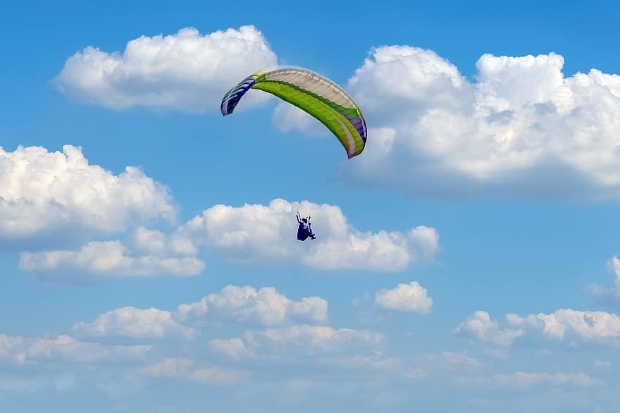 paragliding, latający, niebo, paralotnia, Sport, hobby, sporty lotnicze, Sporty ekstremalne, spadochron, niebieski, sport