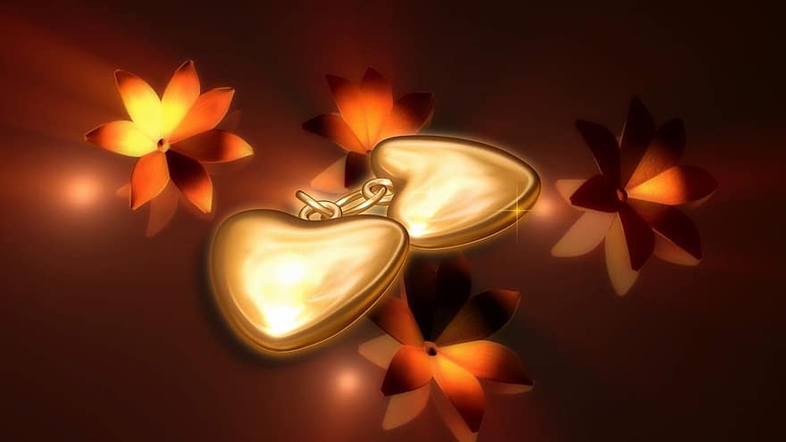 cinta, hati, emas, romantis, valentine, percintaan, simbol, bersama, bunga-bunga, koneksi, persahabatan
