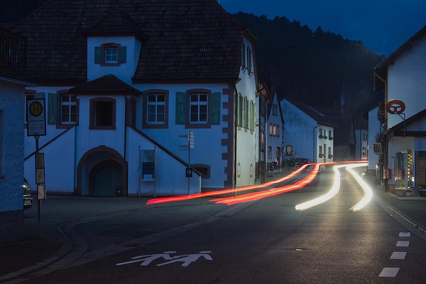 Town, Street, Houses, Village, Night, Light, Road, Main Road, architecture, dusk, car
