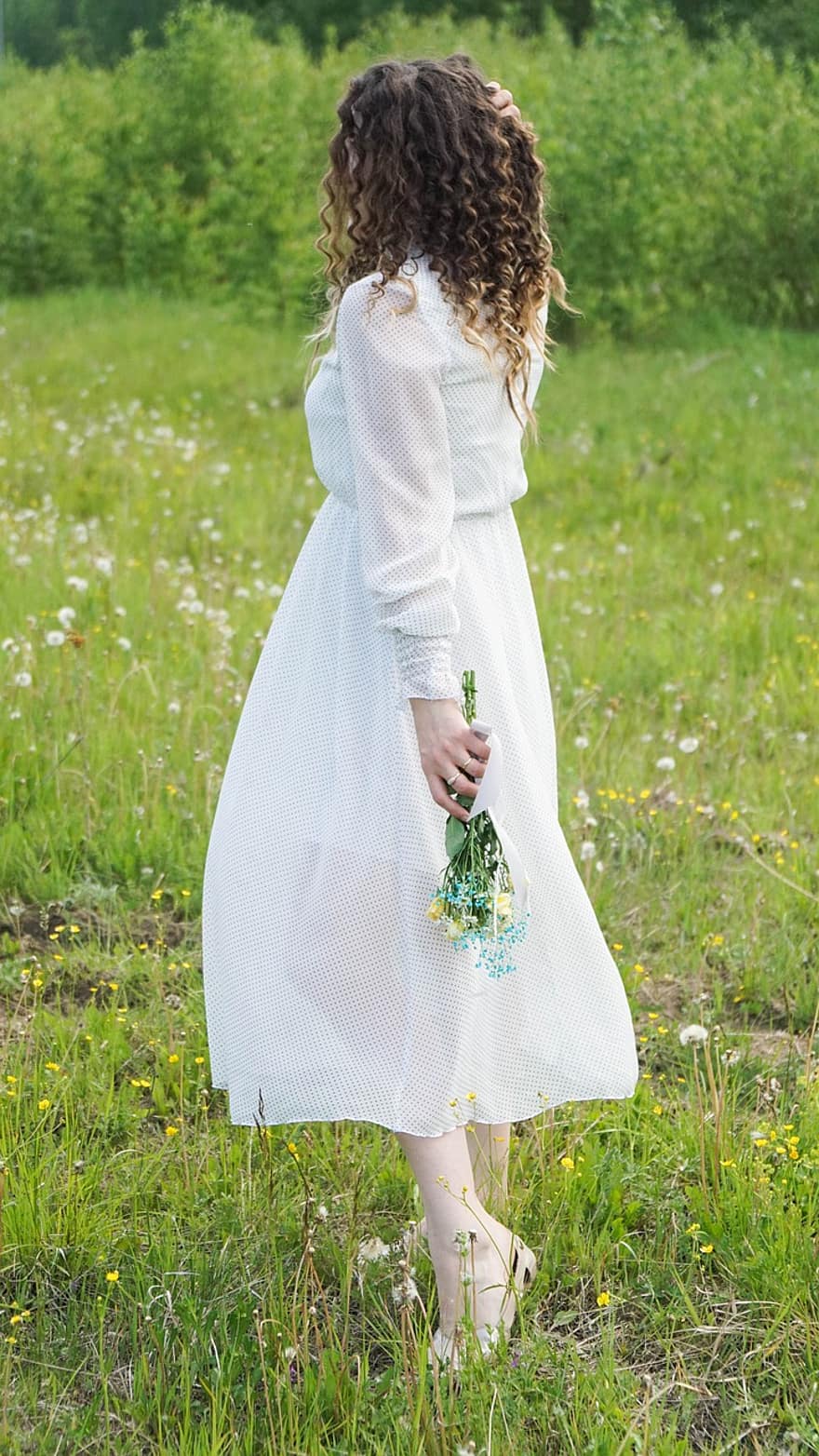 Girl, White Dress, Bouquet, Meadow, Grass, Field, Curly Hair, Brunette, Hairstyle, Dress, Fashion
