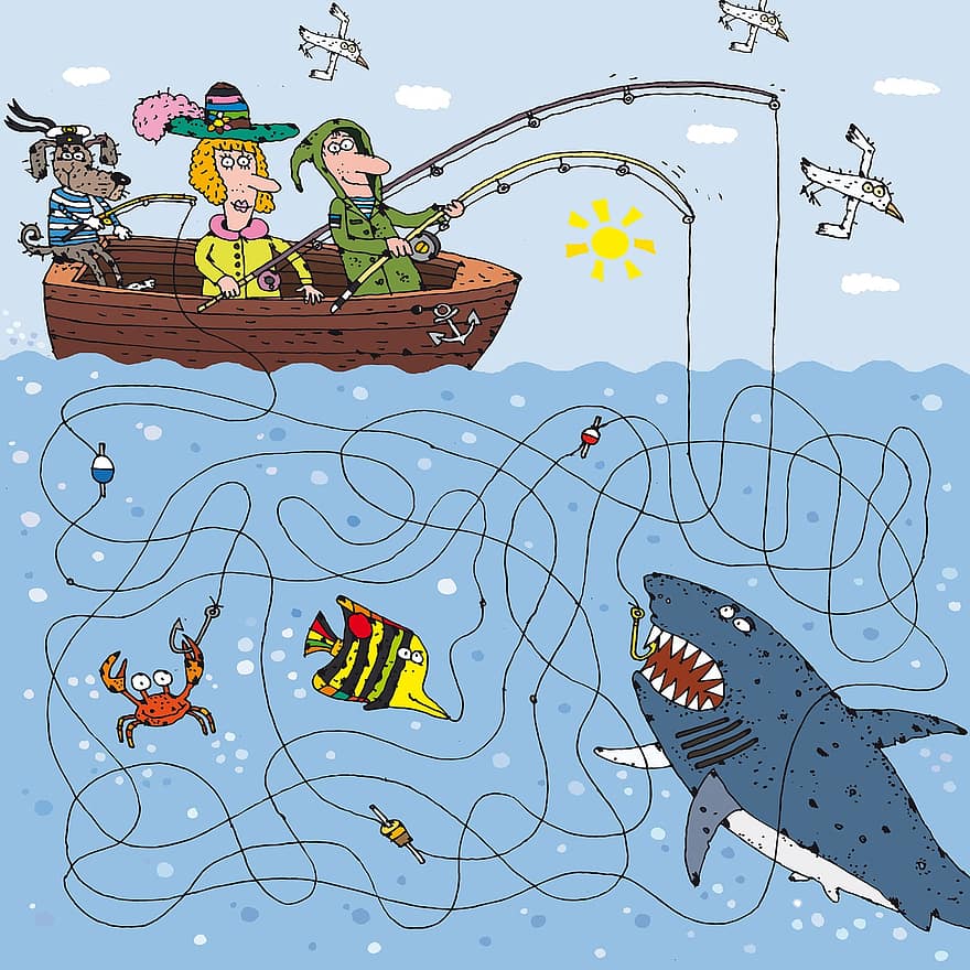 риболов, риба, рибар, море, океан, вода, акула, Краб, прът, лодка, куче