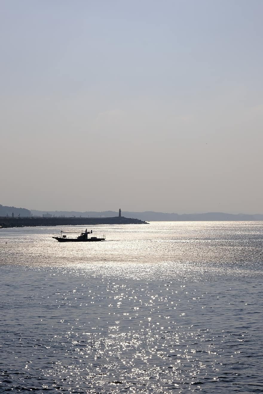 Fishing Boat, Sea, Silhouette, Sunset, Sunrise, Sunlight, Sunshine, Reflection, Bay, Ocean, Water