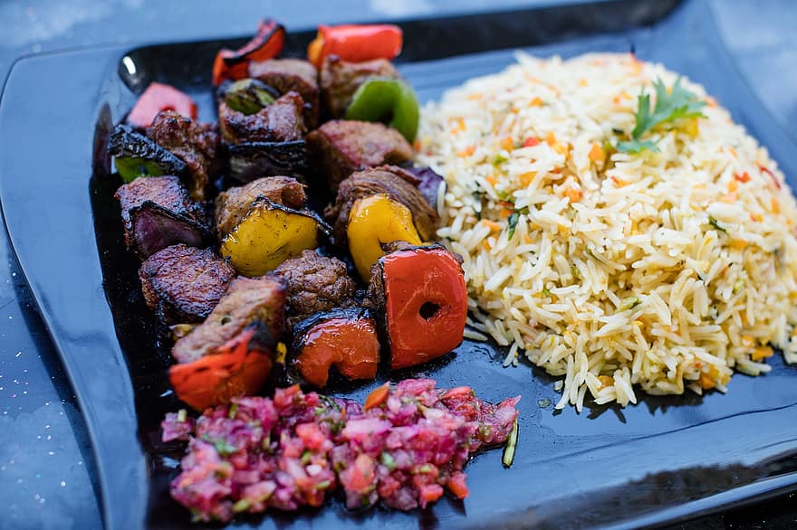 Ryż, Szaszłyk, afrykańskie jedzenie, posiłek, danie, Shish kebab, warzywa, Suja, Kabob z zachodnioafrykańskiej wołowiny, wołowina, mięso