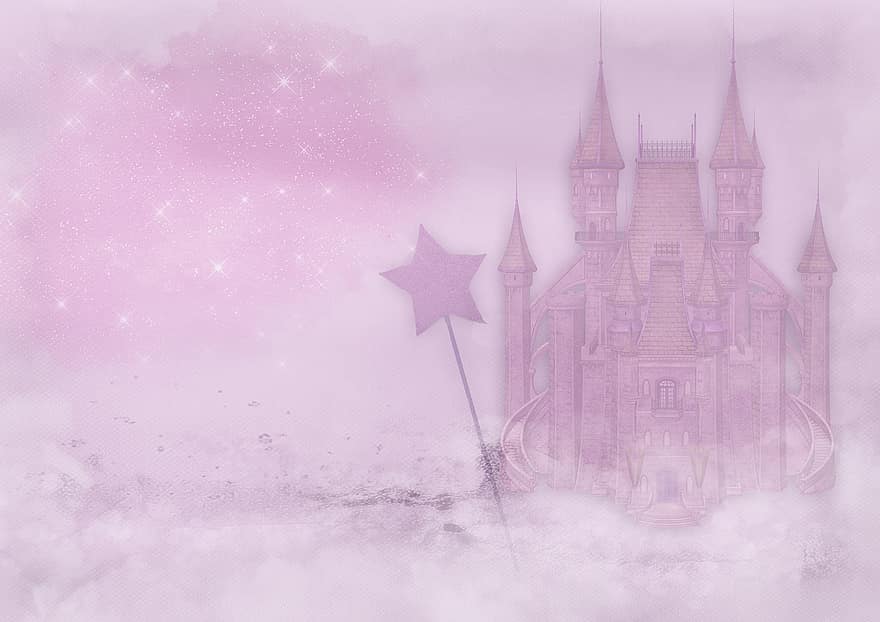 château de fée, baguette magique, Police de caractère, des nuages, briller, étoile, rose, Château, Feenstab, blanc, carte d'anniversaire