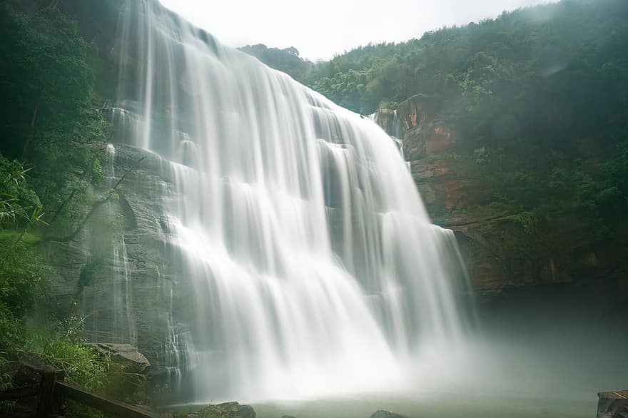 cascate, Cascata di Shizhangdong, valle, nebbia, acqua, scenario, naturale, giornata nuvolosa, Chishui, Zunyi, guizhou