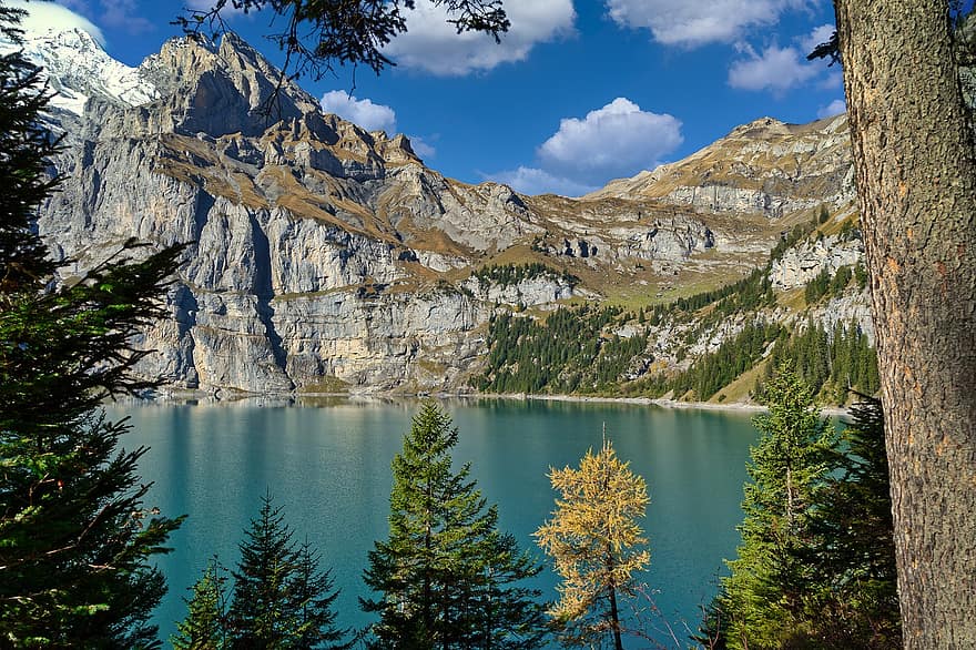Lake, Mountains, Rocks, Forest, Alpine, Sky, Clouds, Lake Oeschinen, Switzerland, Nature, Landscape