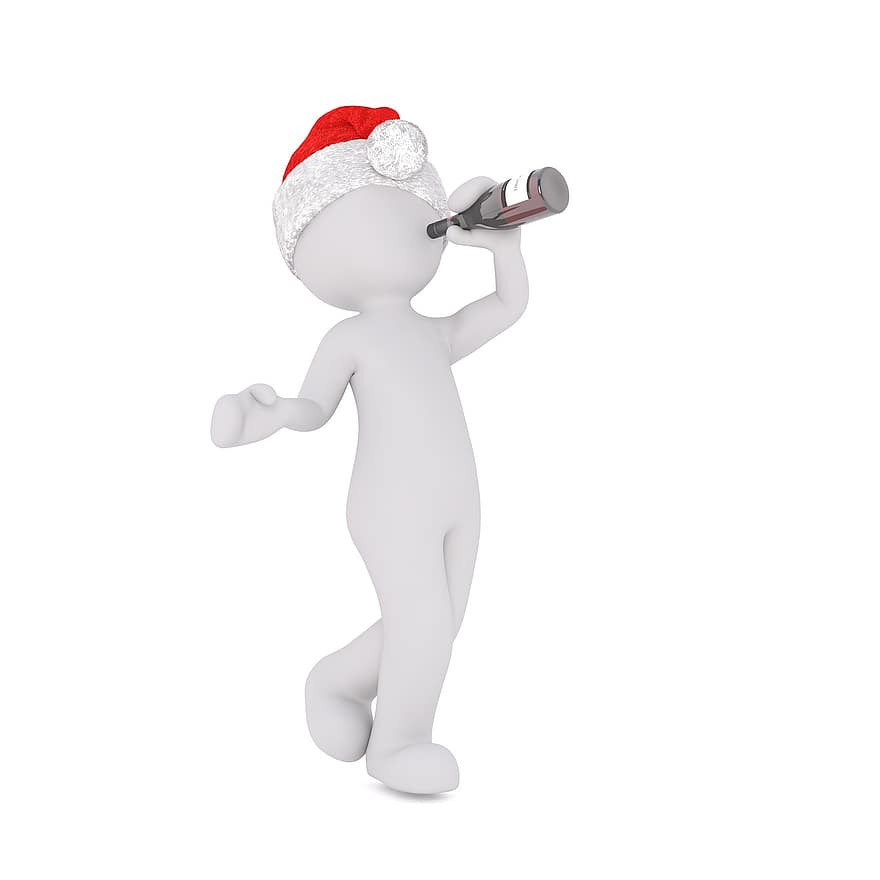 hombre blanco, modelo 3d, cuerpo completo, sombrero de Santa, alcohol, botella, beber, borracho, alcohólicos, figura, Navidad