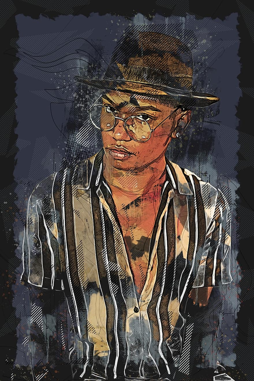 мъж, мъжки, модел, африкански, шапка, очила, портрет, творчество, хора, илюстрация, възрастен