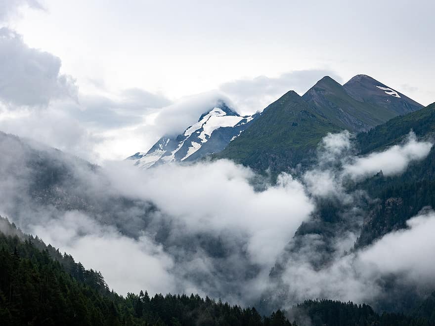 bjerg, spids, skyer, tåge, natur, udendørs, rejse, bestemmelsessted, østrig, bjergtop, landskab